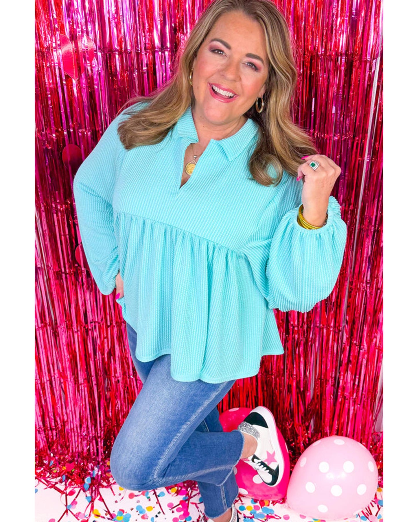 Plus size Balloon Sleeve Collar Babydoll Top