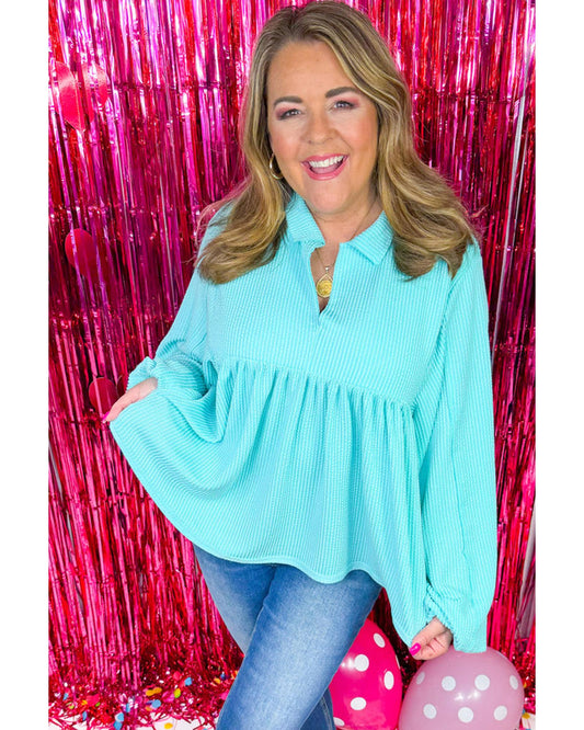 Plus size Balloon Sleeve Collar Babydoll Top