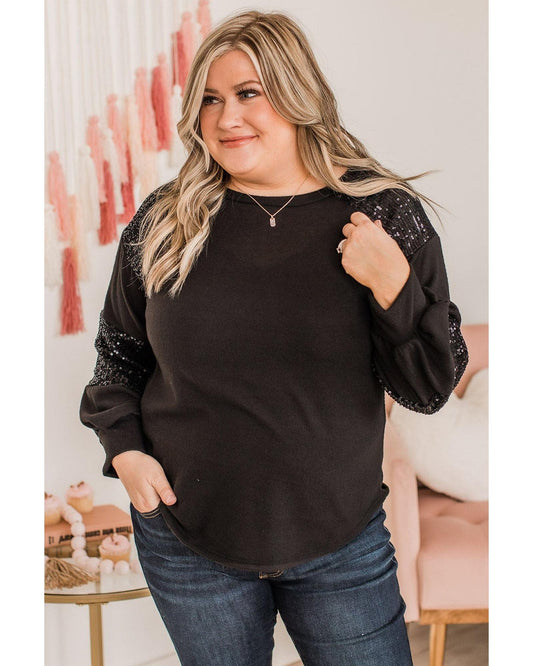 Plus size Sequin Crew Neck Long Sleeve Top