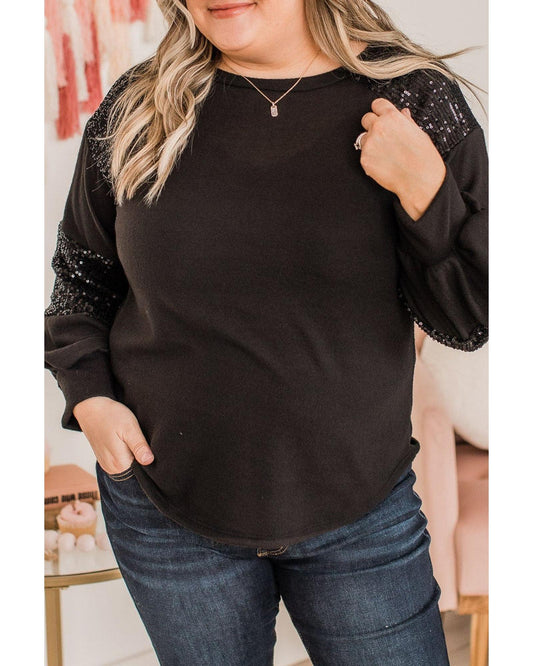 Plus size Sequin Crew Neck Long Sleeve Top