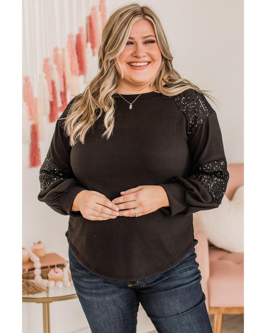 Plus size Sequin Crew Neck Long Sleeve Top