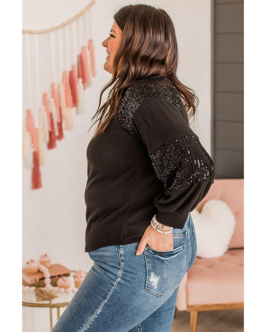 Plus size Sequin Crew Neck Long Sleeve Top