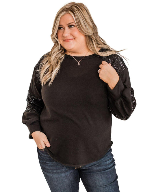 Plus size Sequin Crew Neck Long Sleeve Top