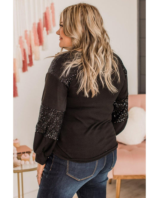 Plus size Sequin Crew Neck Long Sleeve Top