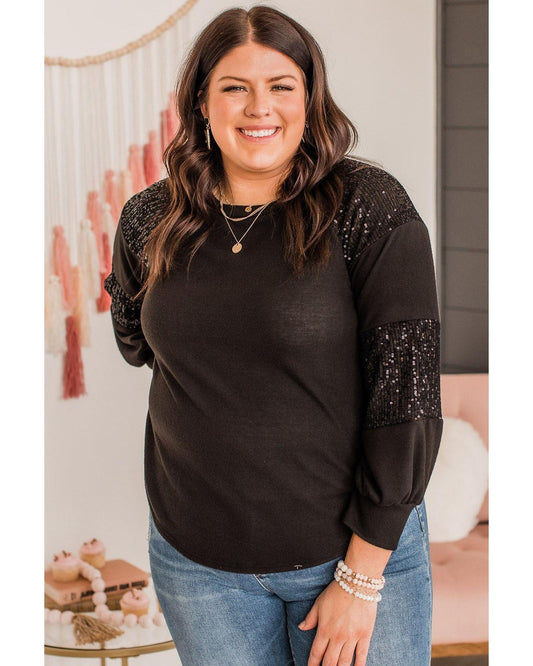 Plus size Sequin Crew Neck Long Sleeve Top