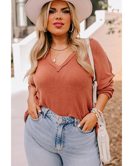 Plus Size Exposed Seam V-Neck Top