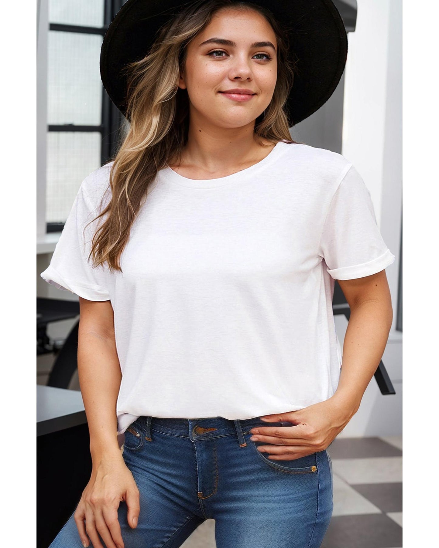 Plus Size Round Neck Rolled Sleeve T-shirt