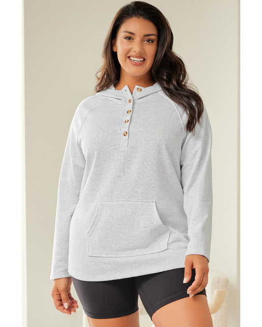 Plus Size Kangaroo Pocket Henley Button Hoodie