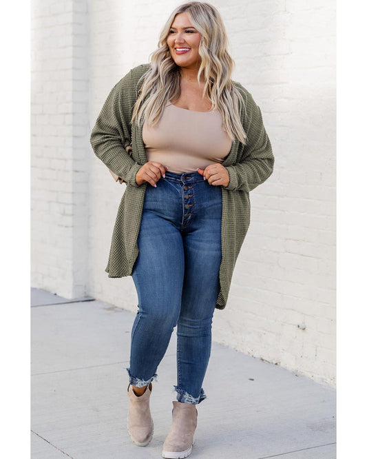 Plus size Waffle Knit Open Front Pocketed Cardigan