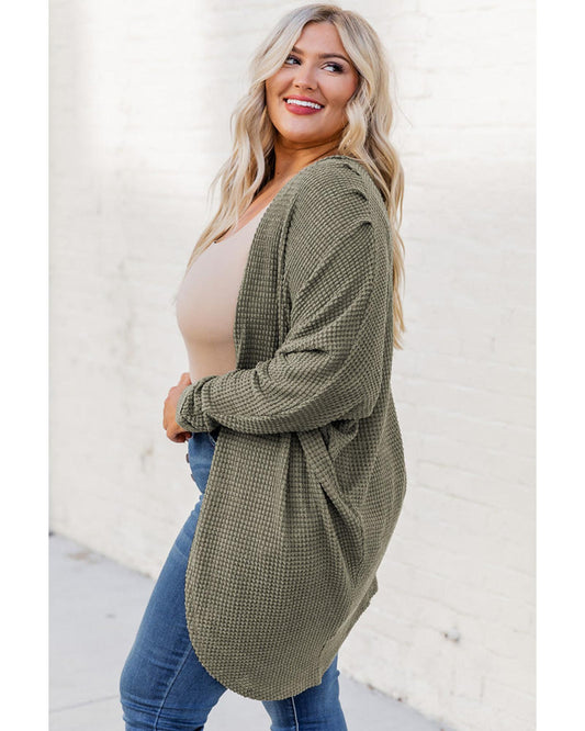 Plus size Waffle Knit Open Front Pocketed Cardigan