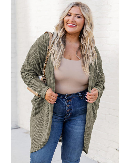 Plus size Waffle Knit Open Front Pocketed Cardigan