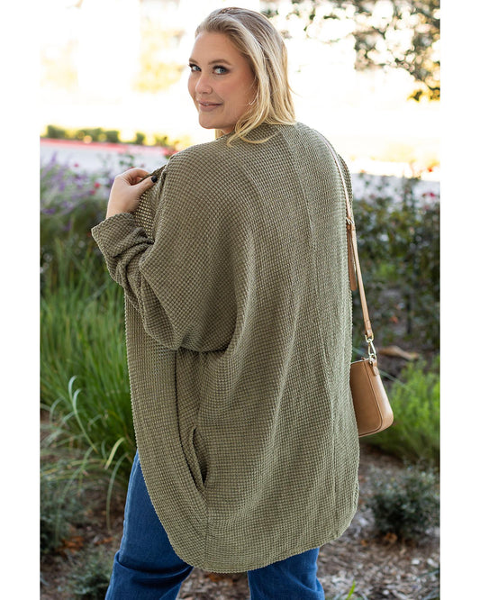 Plus size Waffle Knit Open Front Pocketed Cardigan