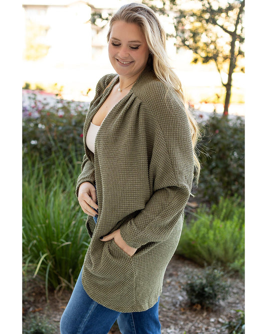 Plus size Waffle Knit Open Front Pocketed Cardigan