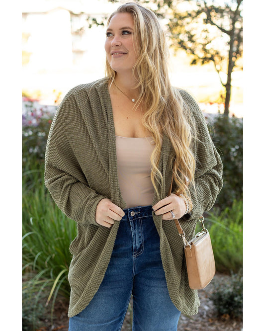 Plus size Waffle Knit Open Front Pocketed Cardigan