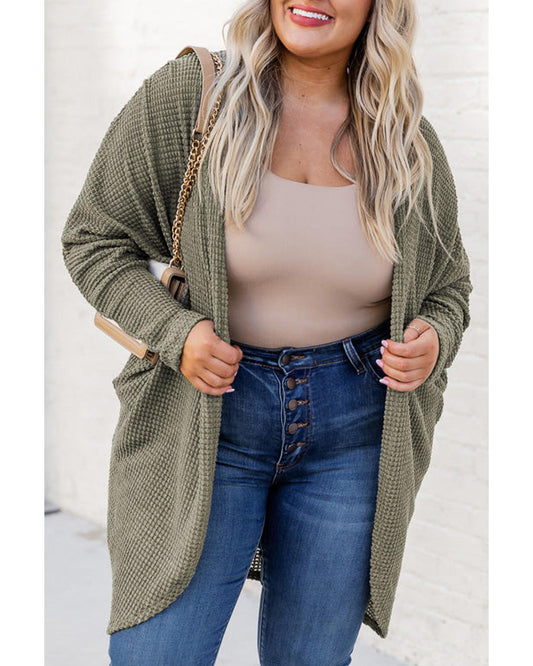 Plus size Waffle Knit Open Front Pocketed Cardigan