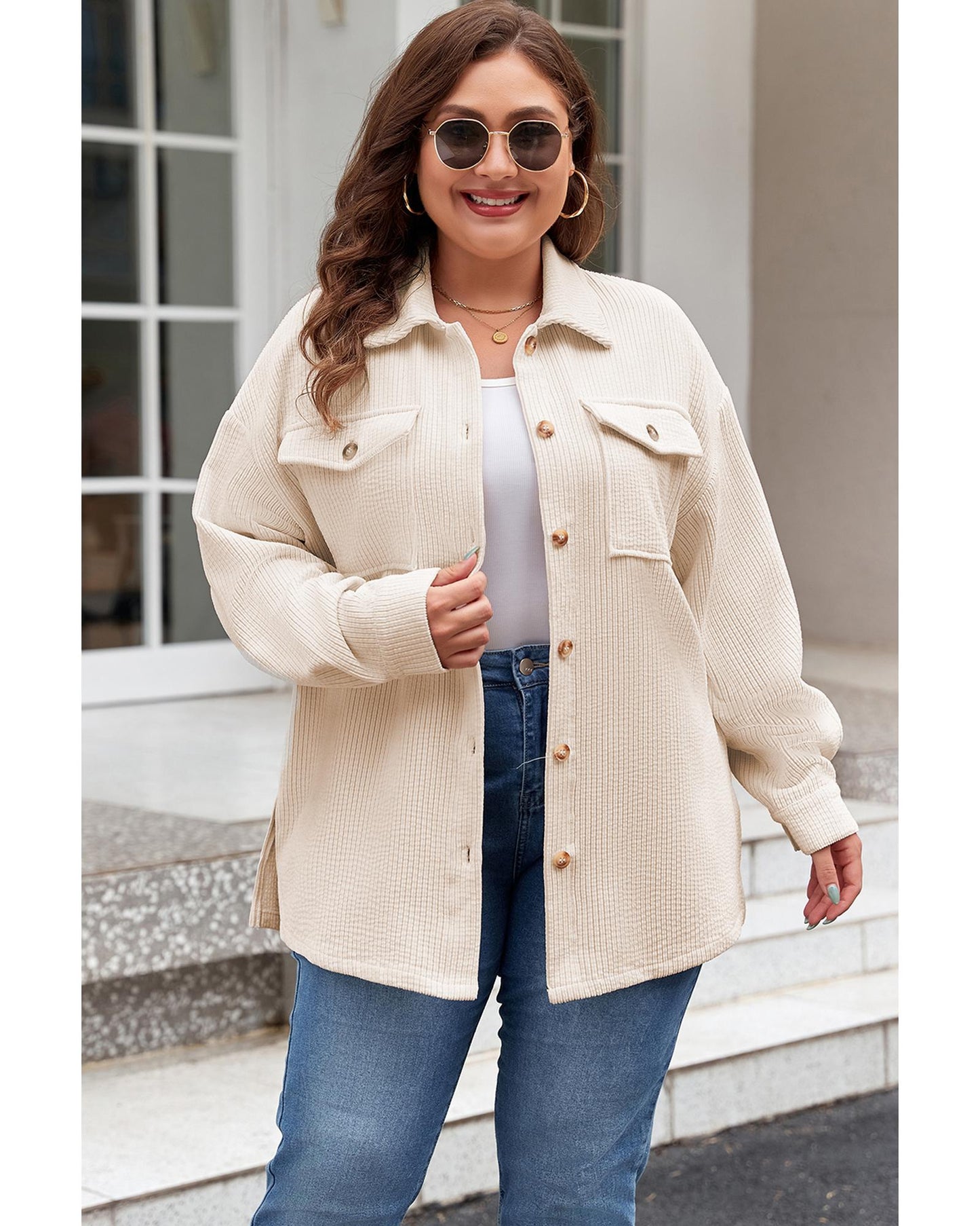 Plus Size Oatmeal Textured Buttoned  Shacket