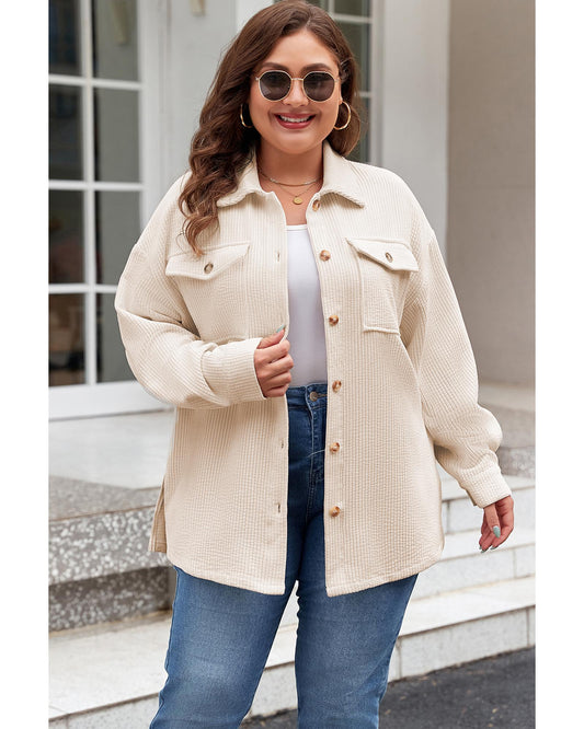 Plus Size Oatmeal Textured Buttoned  Shacket