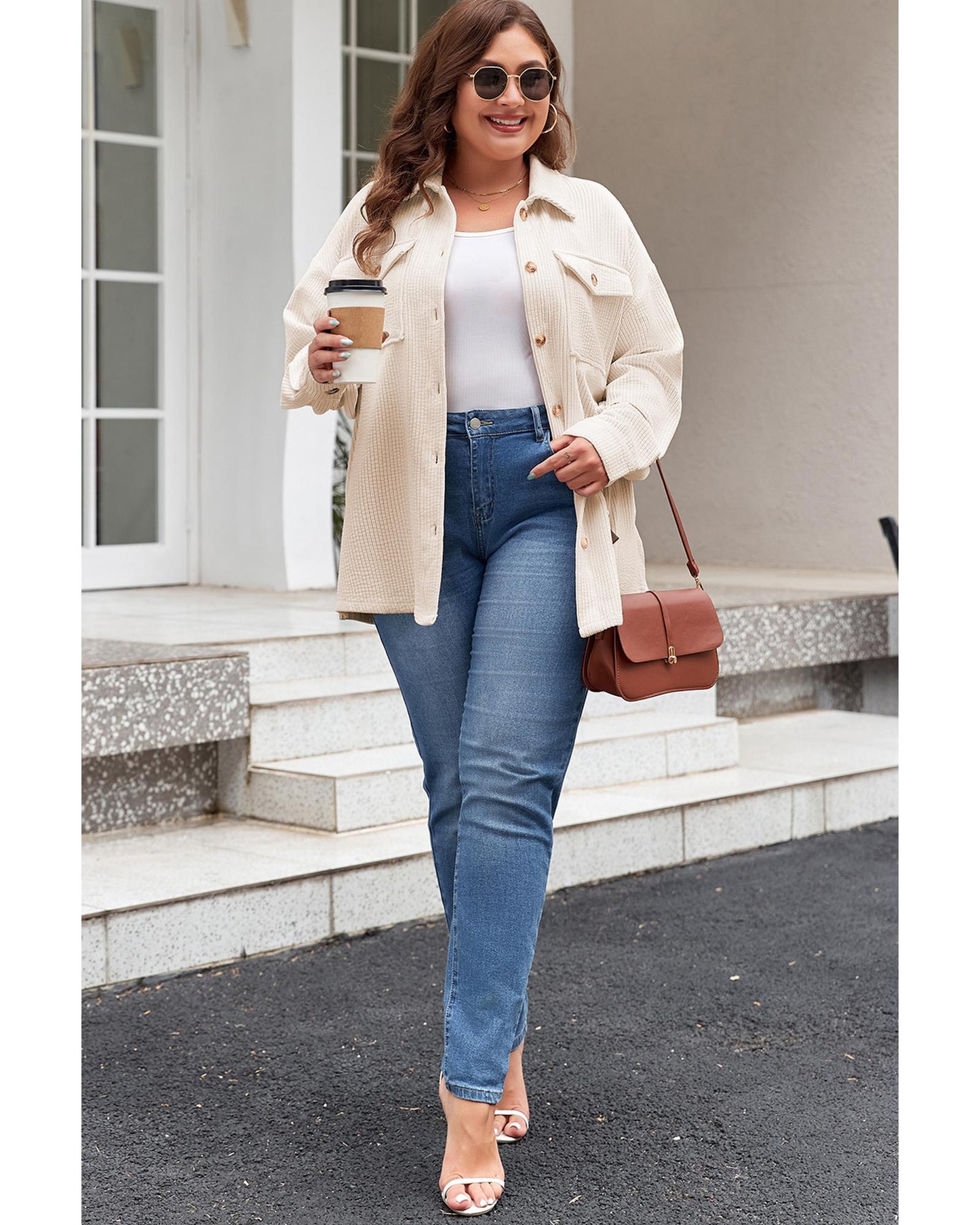 Plus Size Oatmeal Textured Buttoned  Shacket