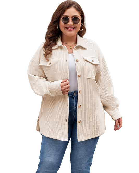 Plus Size Oatmeal Textured Buttoned  Shacket