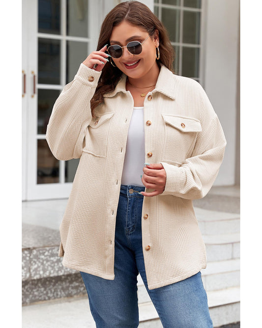 Plus Size Oatmeal Textured Buttoned  Shacket