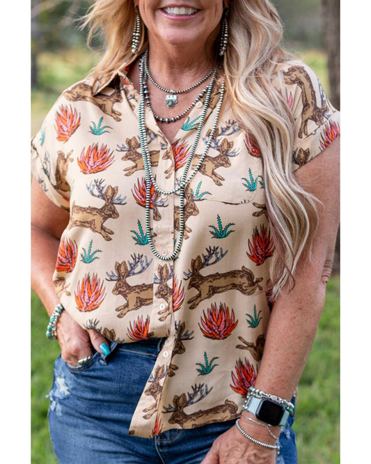 Plus size Printed Buttoned Short Sleeve Blouse