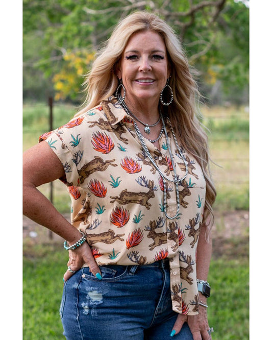 Plus size Printed Buttoned Short Sleeve Blouse