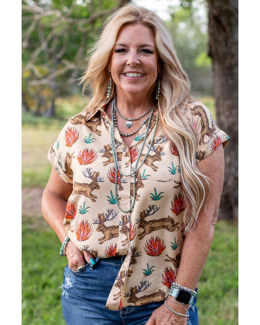 Plus size Printed Buttoned Short Sleeve Blouse