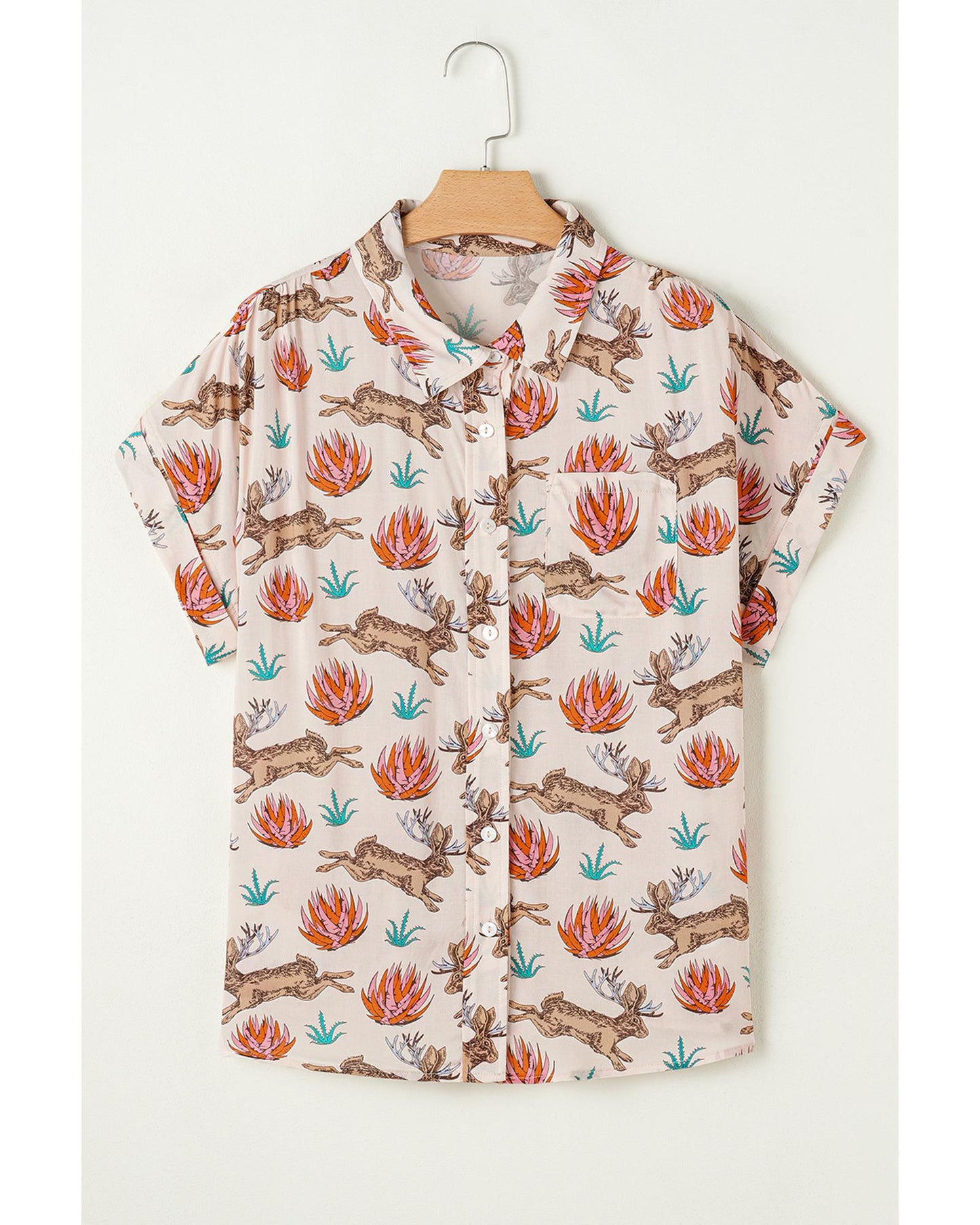 Plus size Printed Buttoned Short Sleeve Blouse