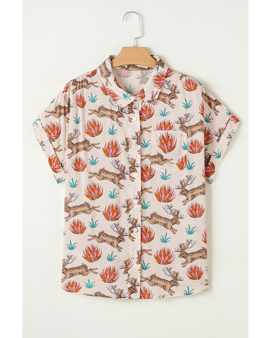 Plus size Printed Buttoned Short Sleeve Blouse