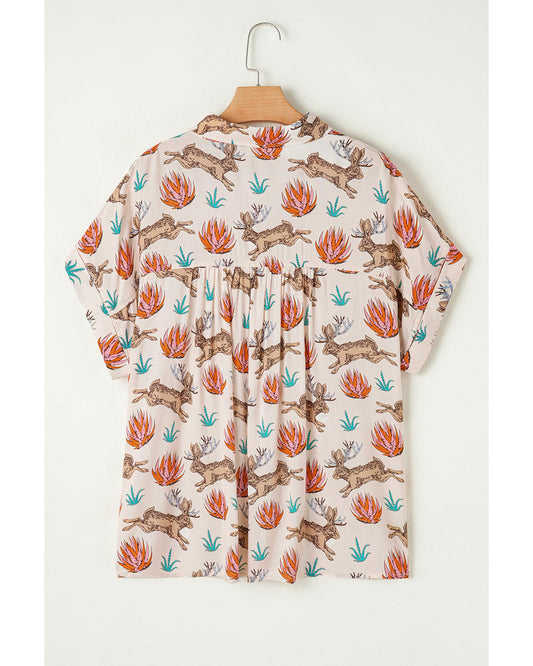 Plus size Printed Buttoned Short Sleeve Blouse