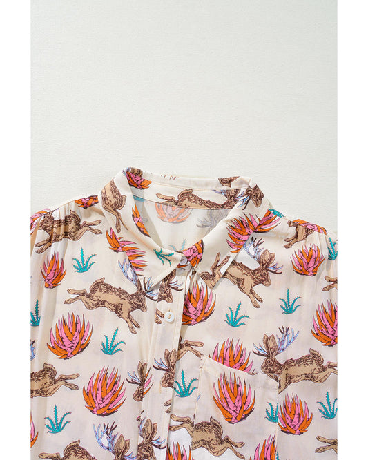 Plus size Printed Buttoned Short Sleeve Blouse