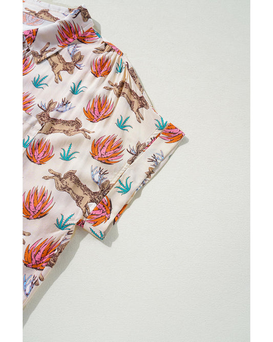 Plus size Printed Buttoned Short Sleeve Blouse