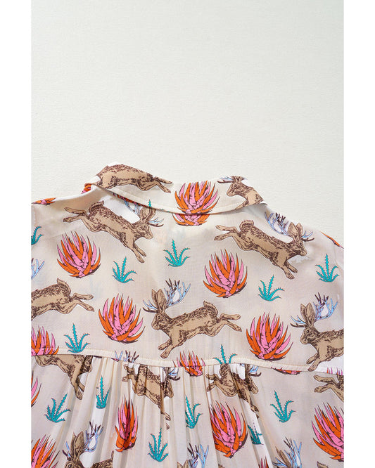 Plus size Printed Buttoned Short Sleeve Blouse