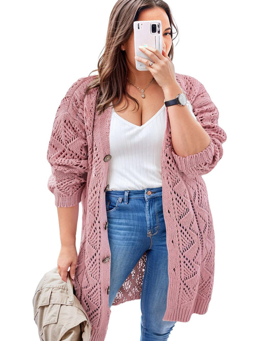 Plus Size Open Knit Button-Up Cardigan