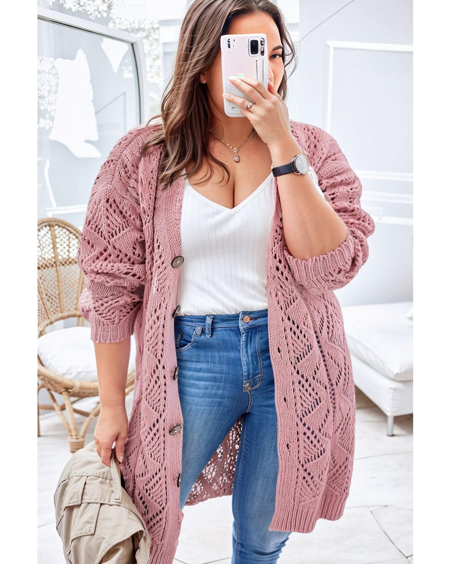 Plus Size Open Knit Button-Up Cardigan