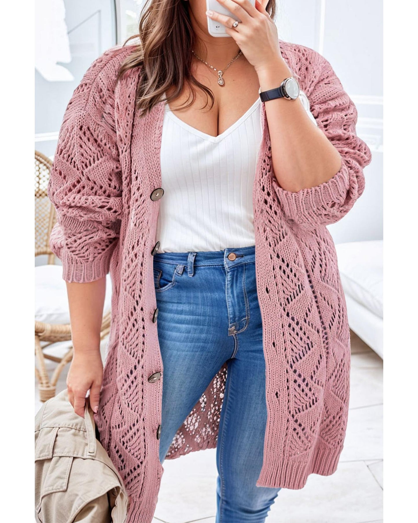 Plus Size Open Knit Button-Up Cardigan
