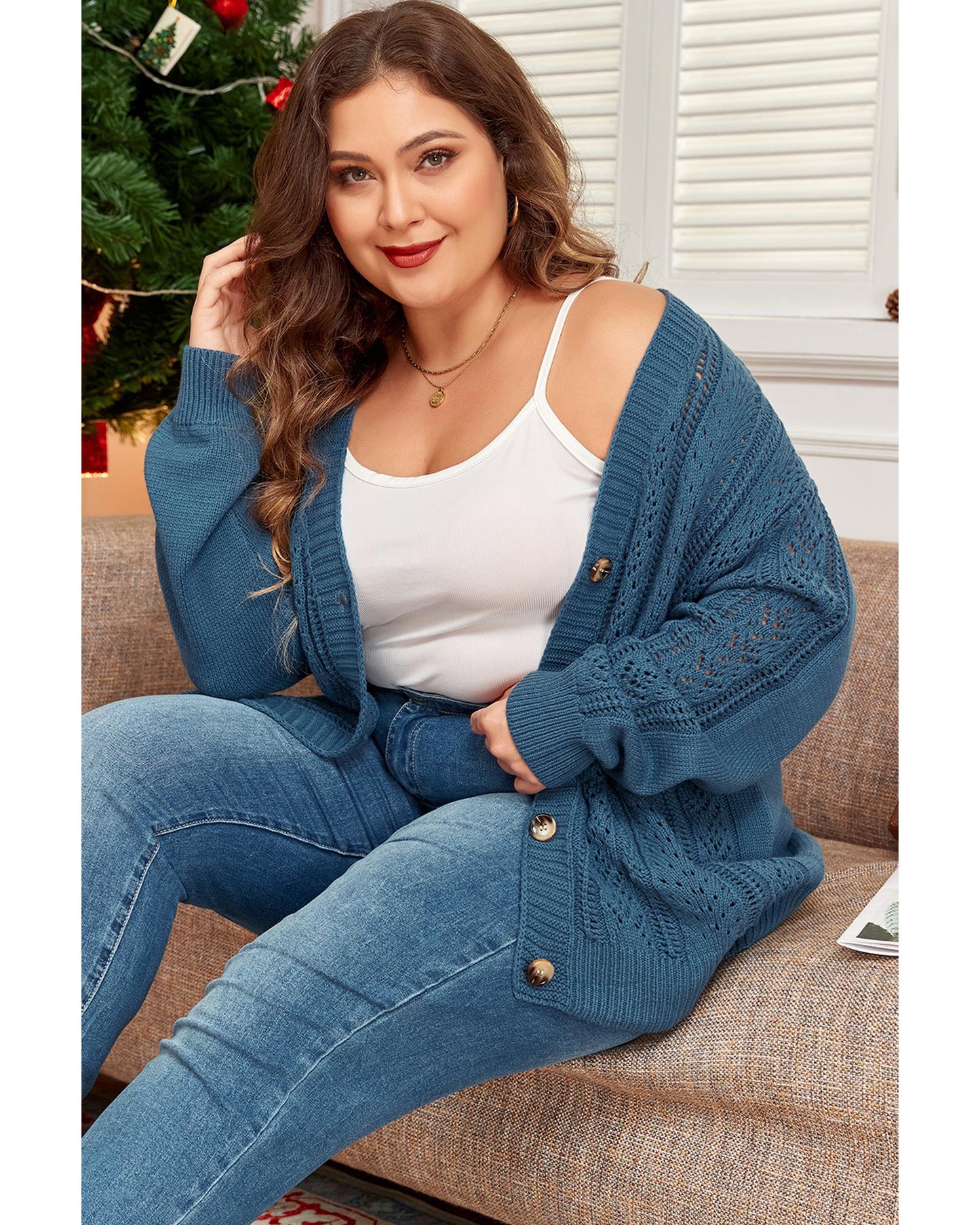 Plus Size Open Knit Button Front Cardigan