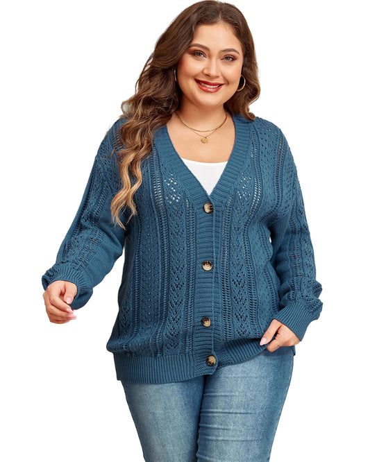 Plus Size Open Knit Button Front Cardigan