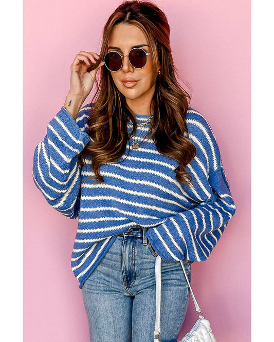 Plus size Stripe Drop Shoulder and O-Neck Sweater