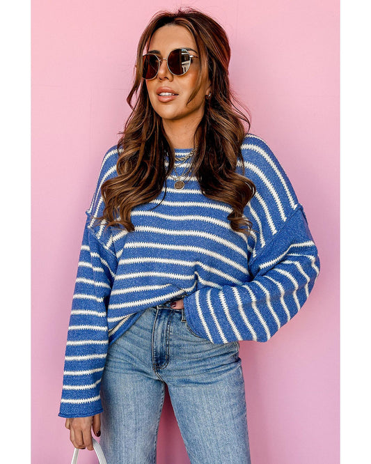 Plus size Stripe Drop Shoulder and O-Neck Sweater