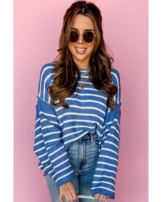 Plus size Stripe Drop Shoulder and O-Neck Sweater
