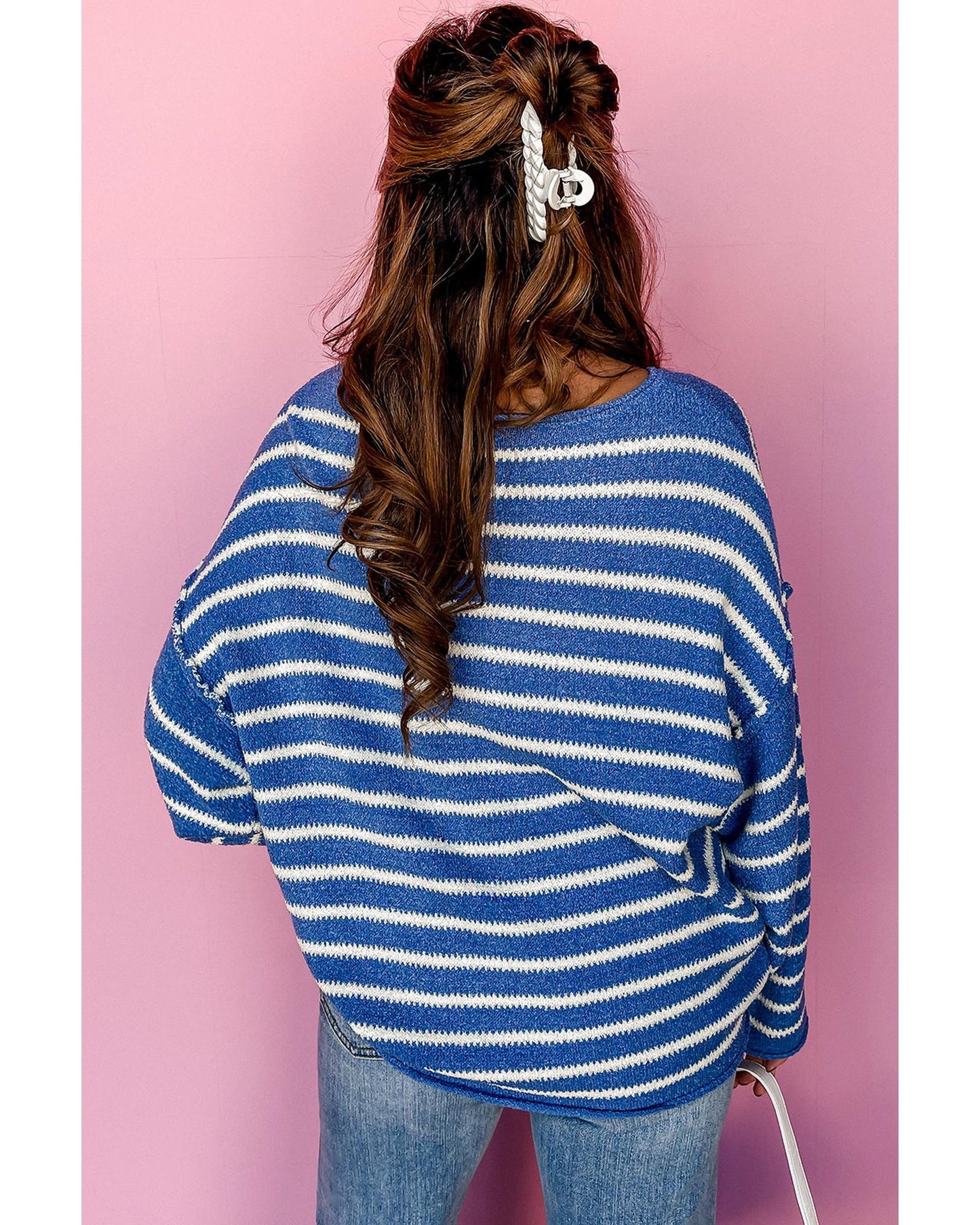 Plus size Stripe Drop Shoulder and O-Neck Sweater