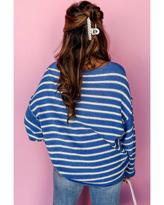 Plus size Stripe Drop Shoulder and O-Neck Sweater