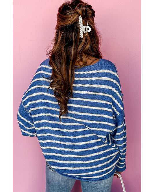 Plus size Stripe Drop Shoulder and O-Neck Sweater
