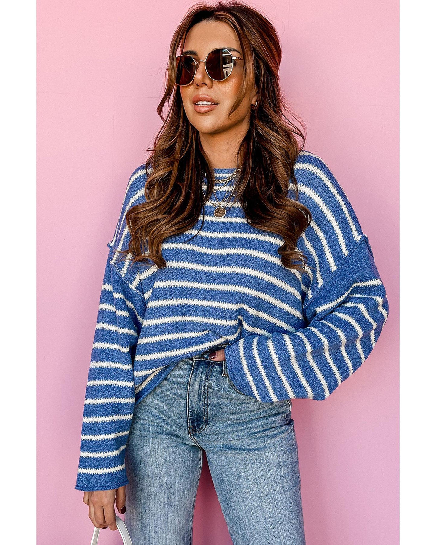 Plus size Stripe Drop Shoulder and O-Neck Sweater