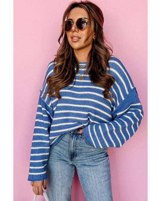 Plus size Stripe Drop Shoulder and O-Neck Sweater