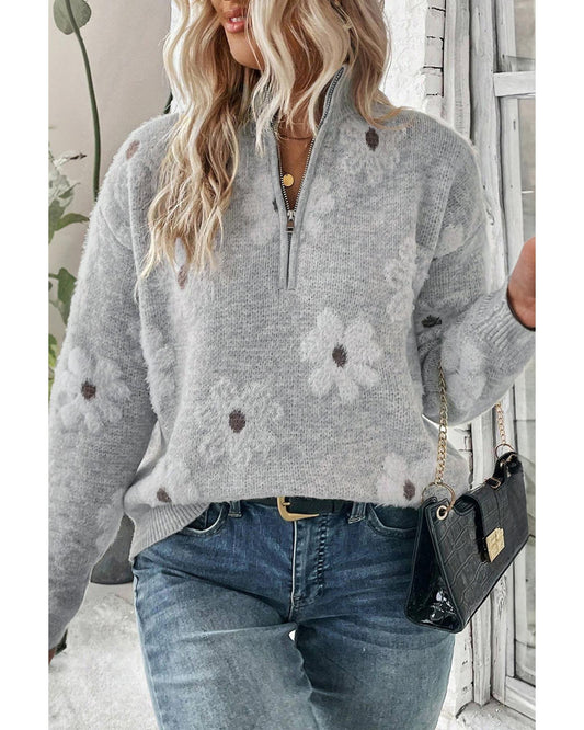 Plus Size Embroidered Floral Half Zip Sweater