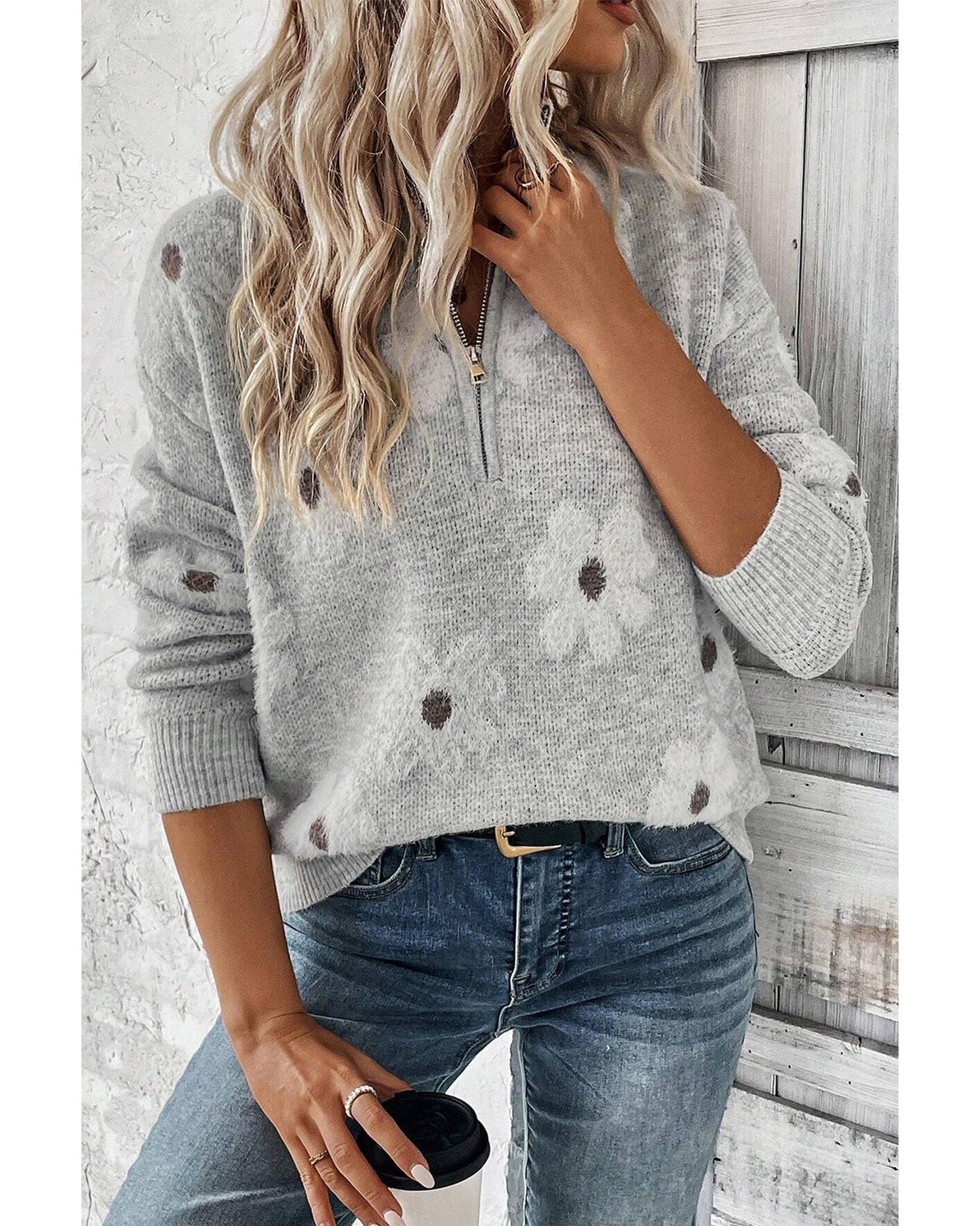 Plus Size Embroidered Floral Half Zip Sweater