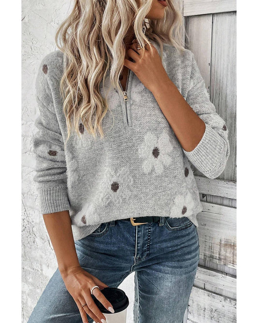 Plus Size Embroidered Floral Half Zip Sweater