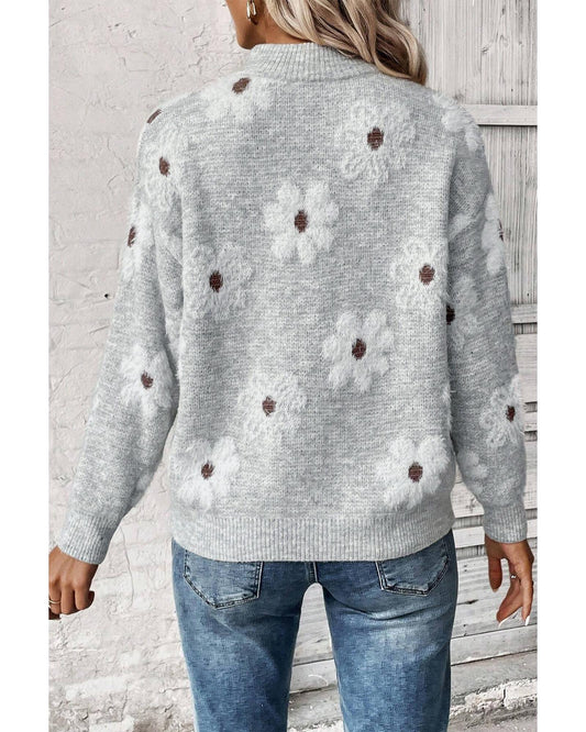 Plus Size Embroidered Floral Half Zip Sweater
